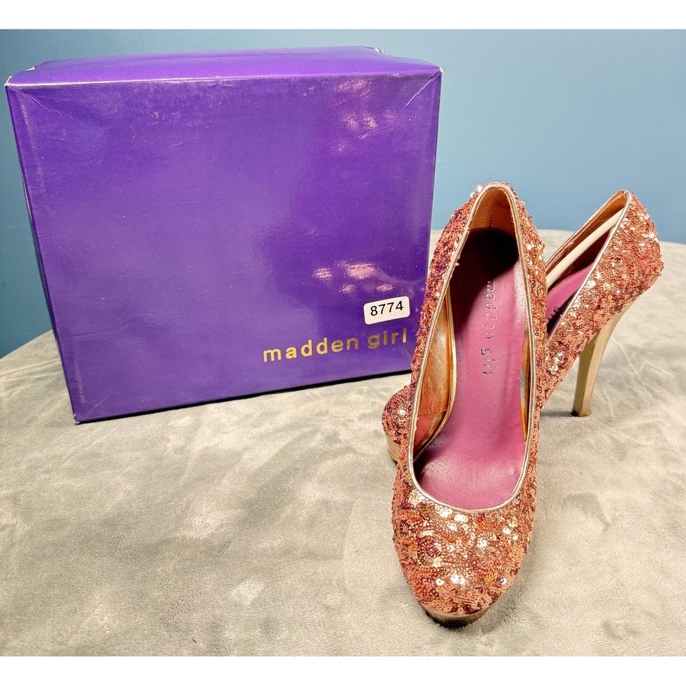 Madden Girl Trebel Womens 7 Rose Gold Sequin Platform Heels Pumps